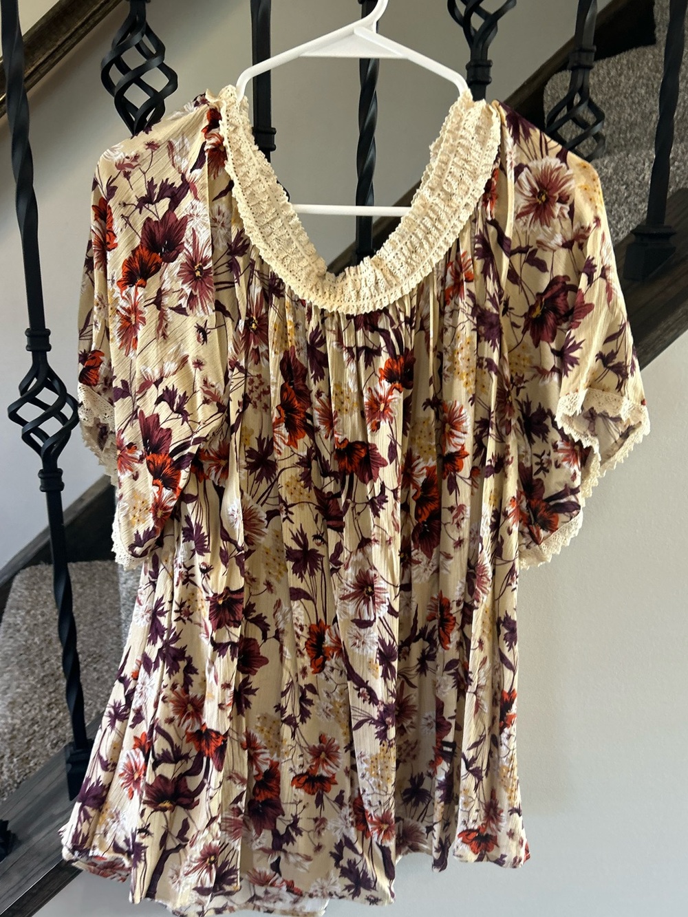 easel Cream Floral Smocked Neck Flutter Sleeve Blouse-maternity shirt
